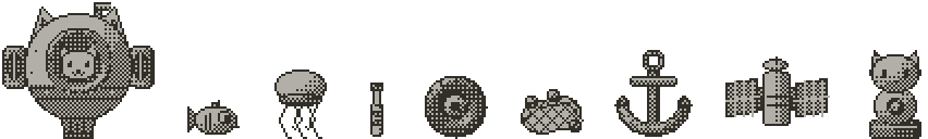 Sprites: the cat sub, a fish, a jellyfish, a bottle, a tyre, a ghost net, an anchor, a satellite and the cat idol